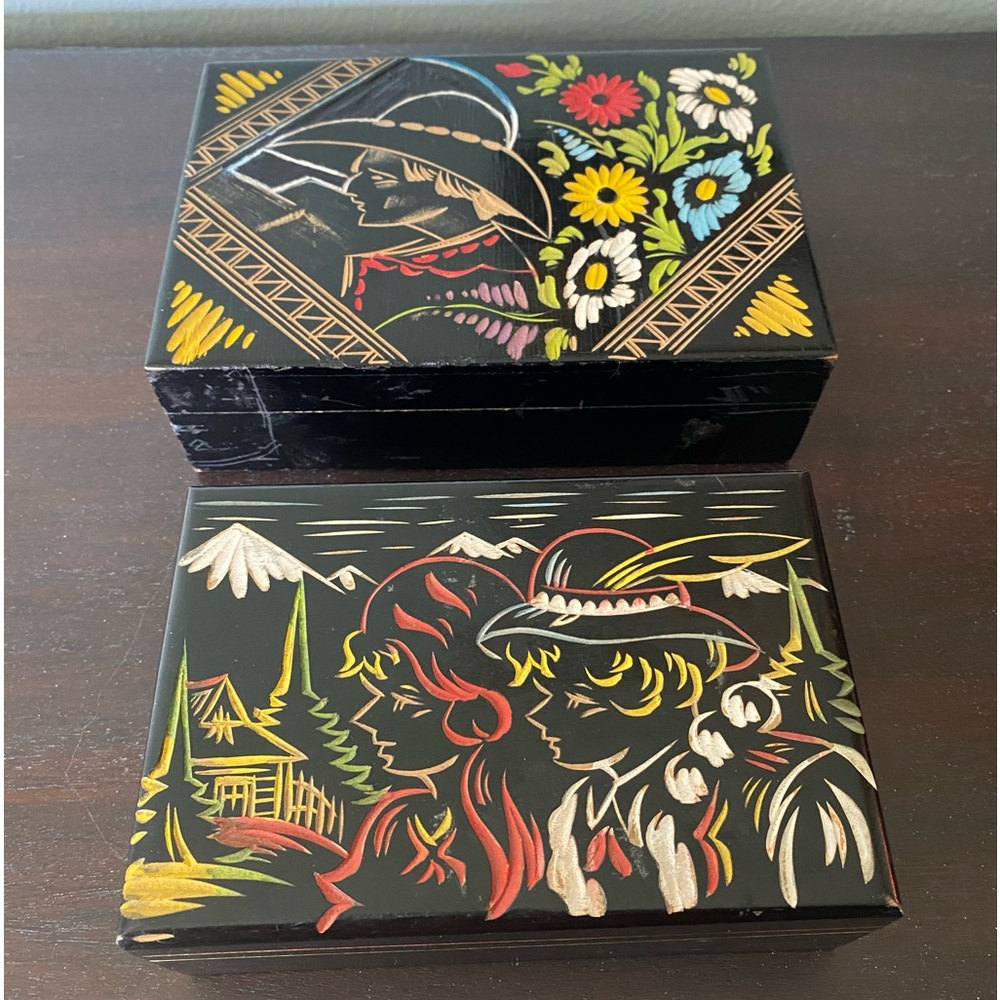 Polish Folk Art Wood Carved Trinket Boxes
